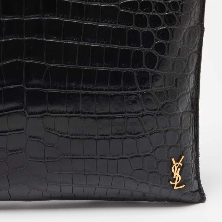Pre Owned Saint Laurent Black Croc Embossed Leather Monogram Zip Pouch