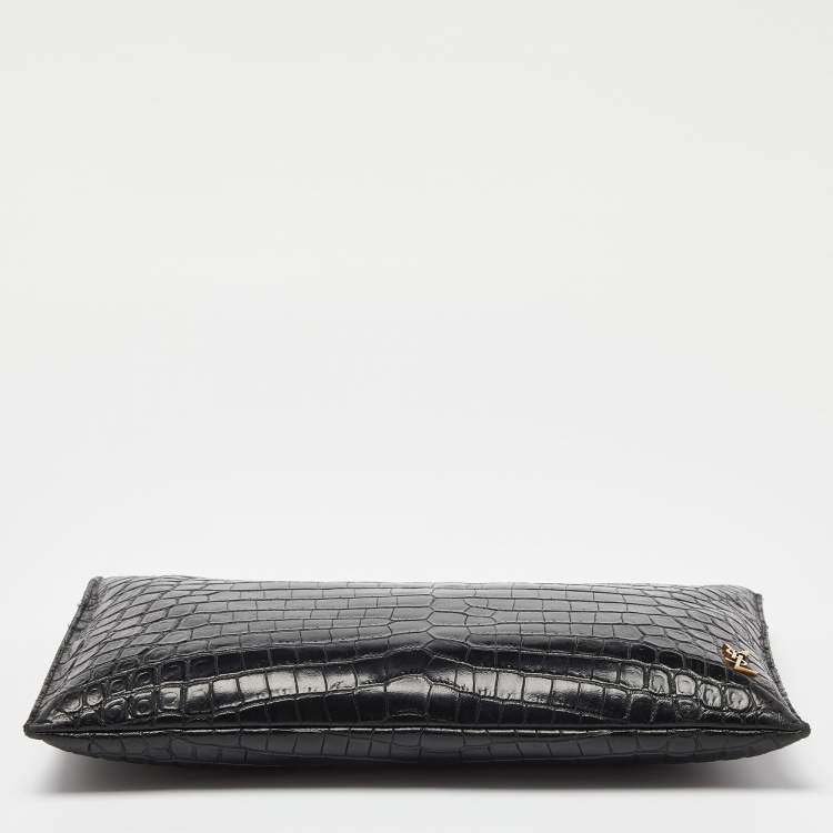 Pre Owned Saint Laurent Black Croc Embossed Leather Monogram Zip Pouch
