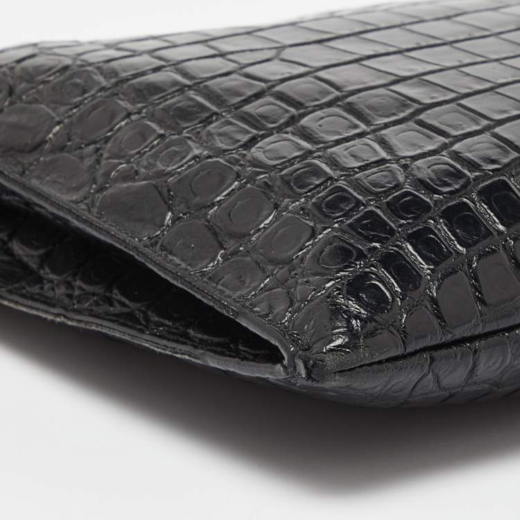 Pre Owned Saint Laurent Black Croc Embossed Leather Monogram Zip Pouch