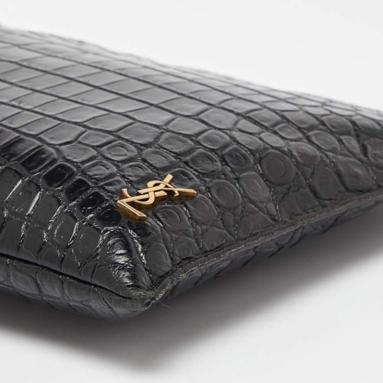 Pre Owned Saint Laurent Black Croc Embossed Leather Monogram Zip Pouch