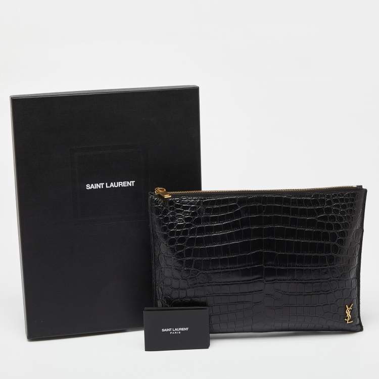 Pre Owned Saint Laurent Black Croc Embossed Leather Monogram Zip Pouch