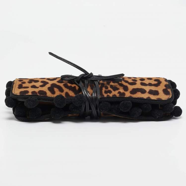 Pre Owned Yves Saint Laurent Brown/Beige Leopard Print Calfhair Pompom Wrap Clutch