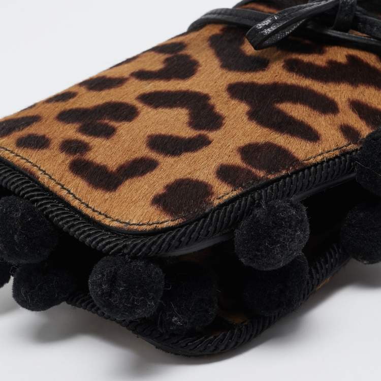 Pre Owned Yves Saint Laurent Brown/Beige Leopard Print Calfhair Pompom Wrap Clutch