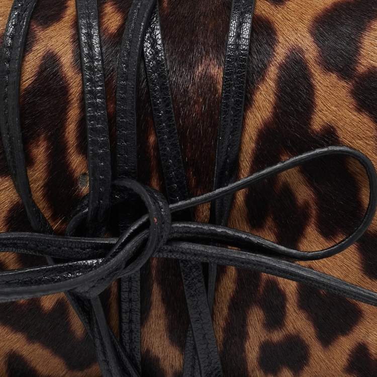Pre Owned Yves Saint Laurent Brown/Beige Leopard Print Calfhair Pompom Wrap Clutch