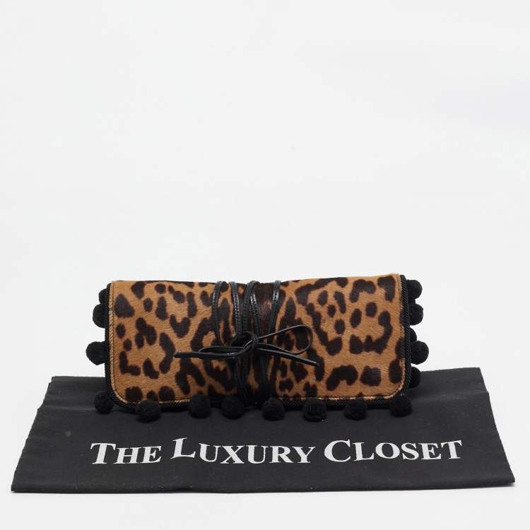 Pre Owned Yves Saint Laurent Brown/Beige Leopard Print Calfhair Pompom Wrap Clutch