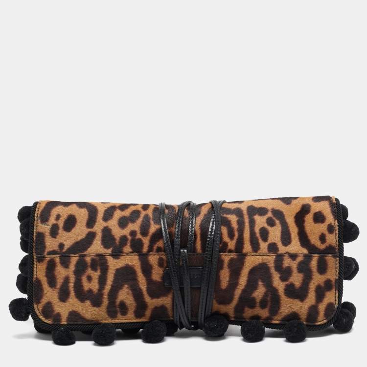Pre Owned Yves Saint Laurent Brown/Beige Leopard Print Calfhair Pompom Wrap Clutch