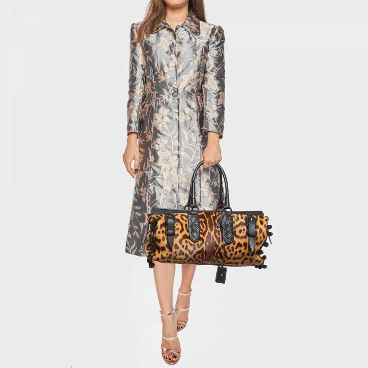 Pre Owned Yves Saint Laurent Black/Brown Leopard Print Calfhair and Leather Pom Pom Duffel Bag