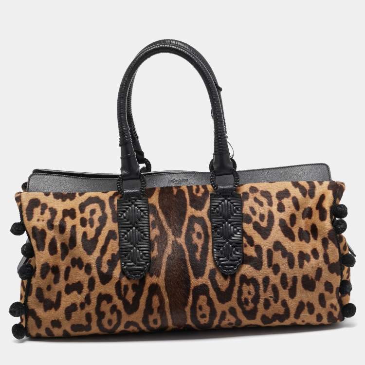 Pre Owned Yves Saint Laurent Black/Brown Leopard Print Calfhair and Leather Pom Pom Duffel Bag