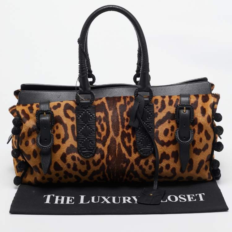 Pre Owned Yves Saint Laurent Black/Brown Leopard Print Calfhair and Leather Pom Pom Duffel Bag