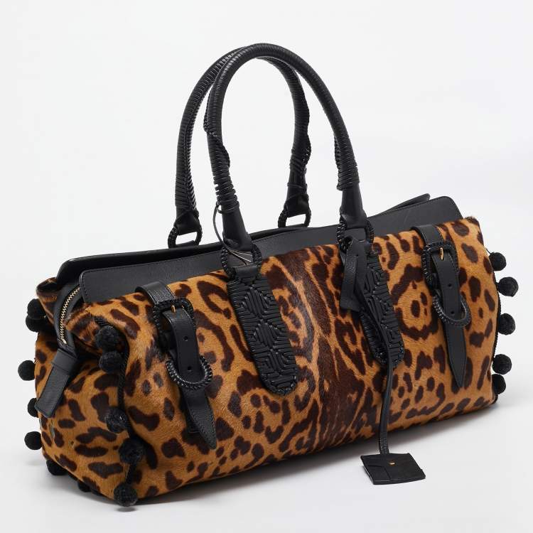 Pre Owned Yves Saint Laurent Black/Brown Leopard Print Calfhair and Leather Pom Pom Duffel Bag