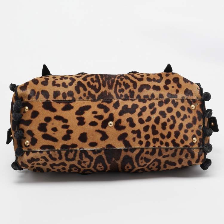 Pre Owned Yves Saint Laurent Black/Brown Leopard Print Calfhair and Leather Pom Pom Duffel Bag