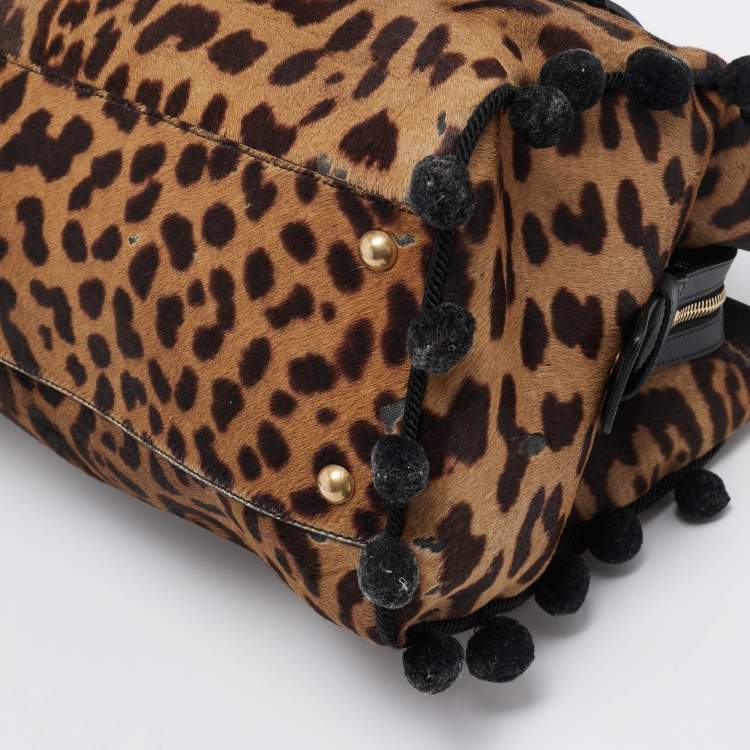 Pre Owned Yves Saint Laurent Black/Brown Leopard Print Calfhair and Leather Pom Pom Duffel Bag