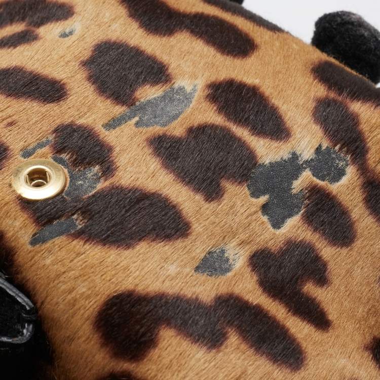 Pre Owned Yves Saint Laurent Black/Brown Leopard Print Calfhair and Leather Pom Pom Duffel Bag