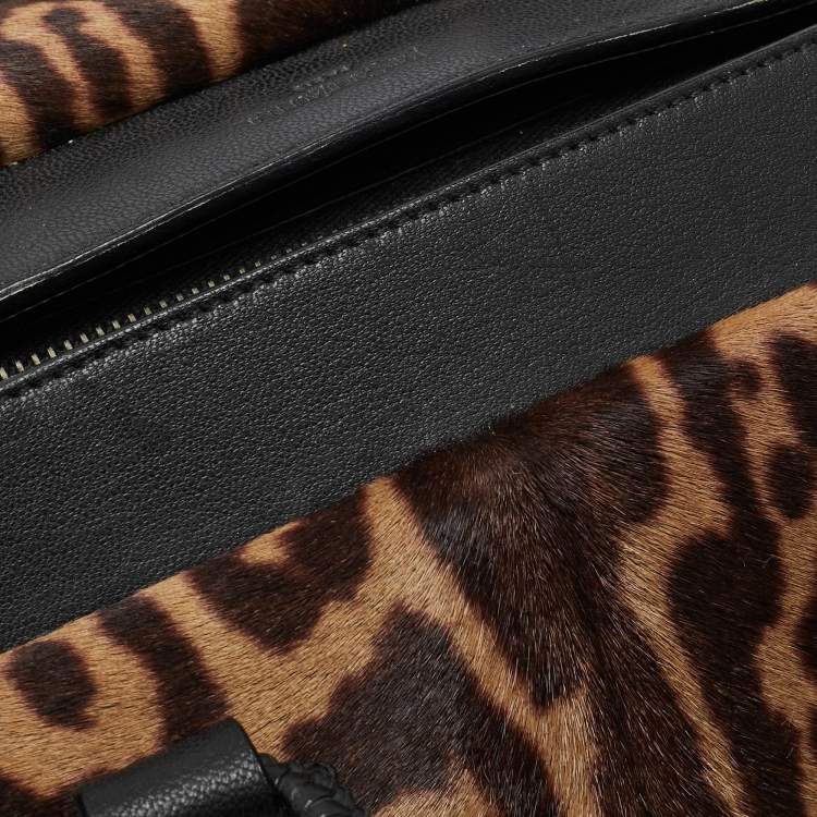 Pre Owned Yves Saint Laurent Black/Brown Leopard Print Calfhair and Leather Pom Pom Duffel Bag