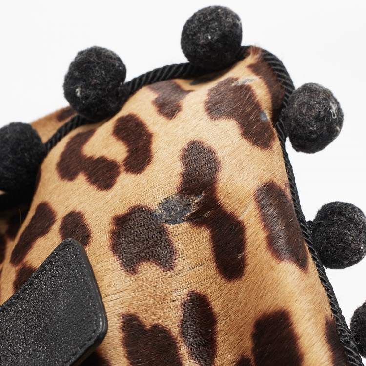 Pre Owned Yves Saint Laurent Black/Brown Leopard Print Calfhair and Leather Pom Pom Duffel Bag