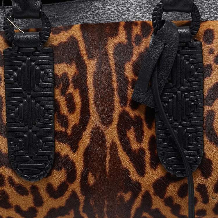 Pre Owned Yves Saint Laurent Black/Brown Leopard Print Calfhair and Leather Pom Pom Duffel Bag