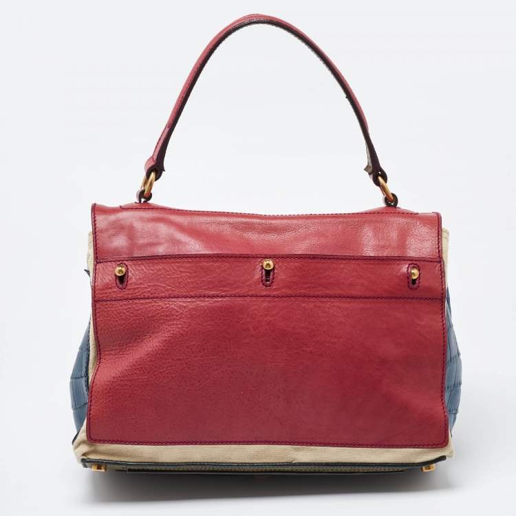 Pre Owned Yves Saint Laurent Multicolor Ostrich and Canvas Medium Muse Two Top Handle Bag