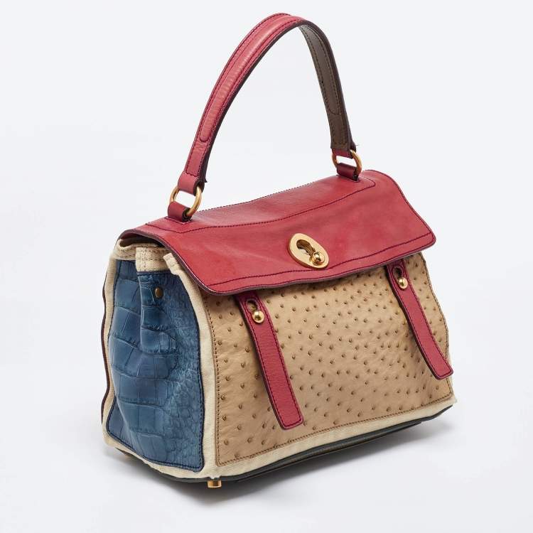 Pre Owned Yves Saint Laurent Multicolor Ostrich and Canvas Medium Muse Two Top Handle Bag
