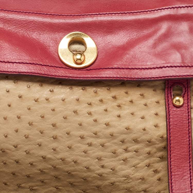 Pre Owned Yves Saint Laurent Multicolor Ostrich and Canvas Medium Muse Two Top Handle Bag