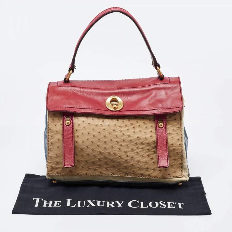 Pre Owned Yves Saint Laurent Multicolor Ostrich and Canvas Medium Muse Two Top Handle Bag