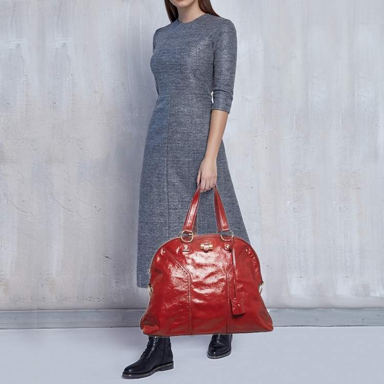 Pre Owned Yves Saint Laurent Red Patent Leather Oversized Muse Bag