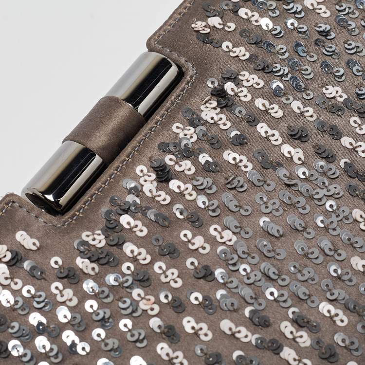 Pre Owned Yves Saint Laurent Grey Satin Sequins Embellished Frame Clutch