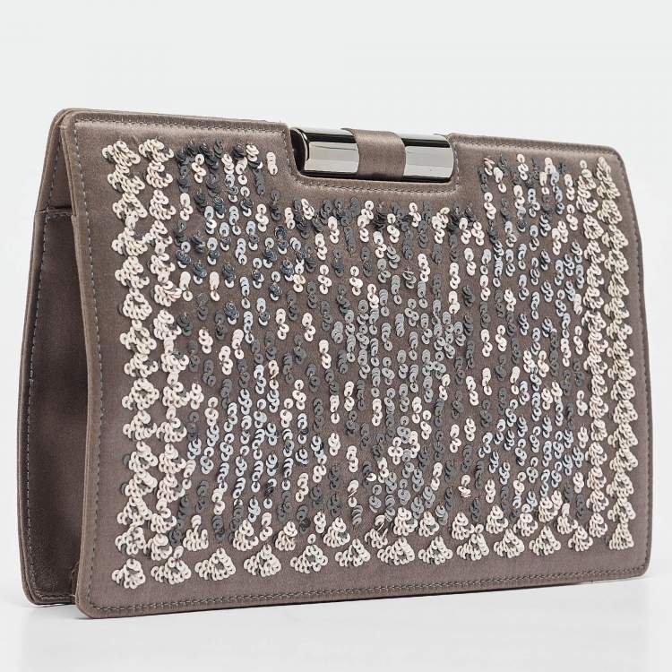 Pre Owned Yves Saint Laurent Grey Satin Sequins Embellished Frame Clutch