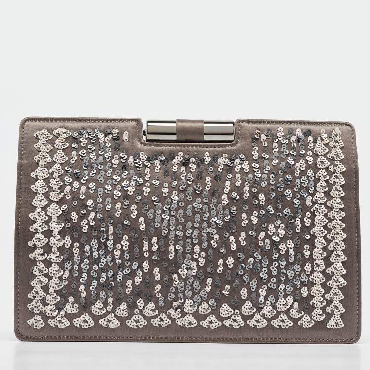 Pre Owned Yves Saint Laurent Grey Satin Sequins Embellished Frame Clutch