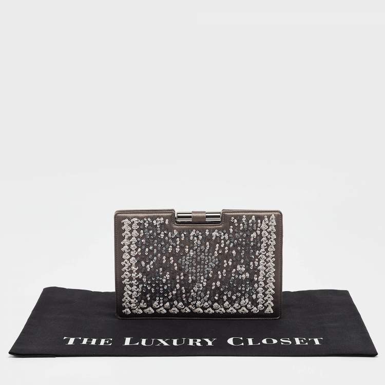 Pre Owned Yves Saint Laurent Grey Satin Sequins Embellished Frame Clutch