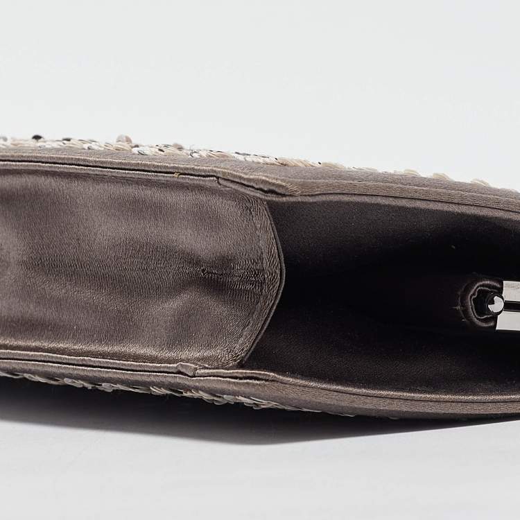 Pre Owned Yves Saint Laurent Grey Satin Sequins Embellished Frame Clutch
