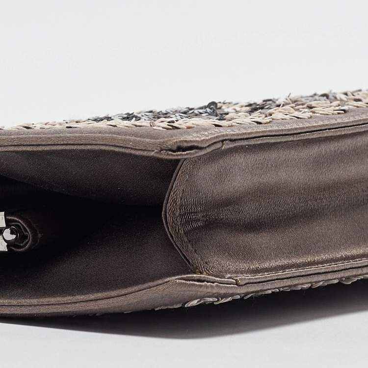 Pre Owned Yves Saint Laurent Grey Satin Sequins Embellished Frame Clutch