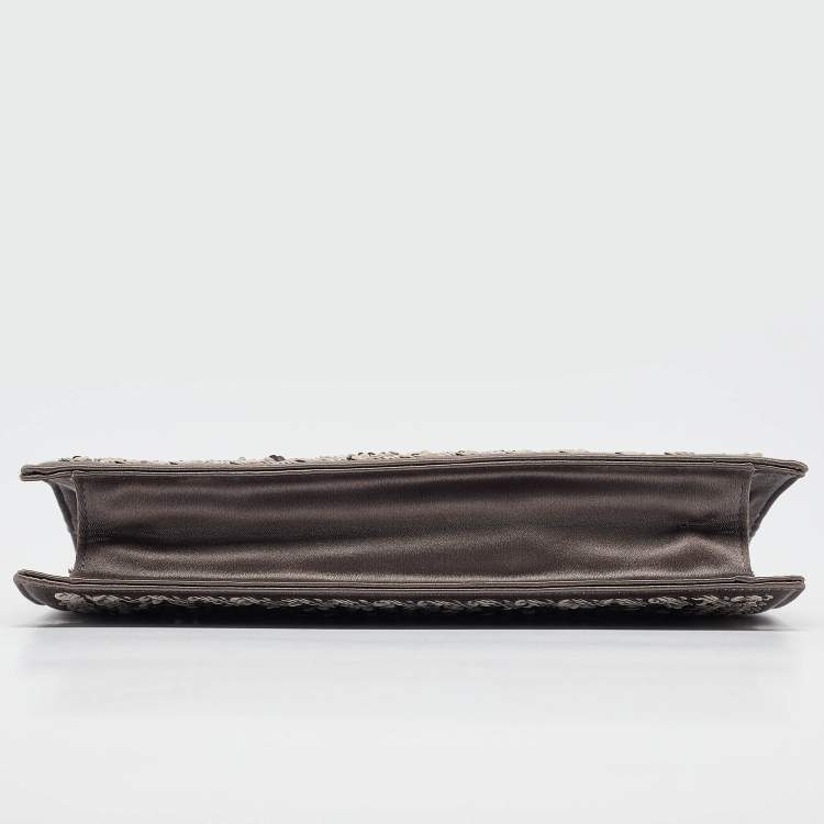 Pre Owned Yves Saint Laurent Grey Satin Sequins Embellished Frame Clutch