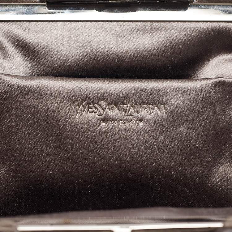 Pre Owned Yves Saint Laurent Grey Satin Sequins Embellished Frame Clutch