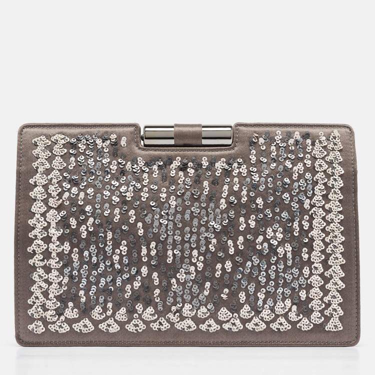 Pre Owned Yves Saint Laurent Grey Satin Sequins Embellished Frame Clutch