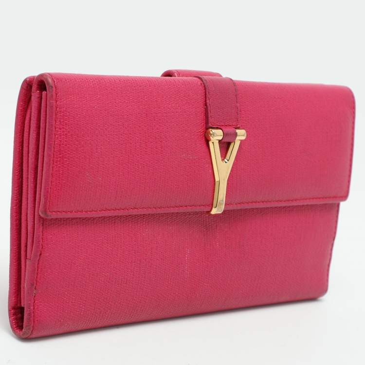 Pre Owned Yves Saint Laurent Pink Leather Ligne Y Flap Wallet