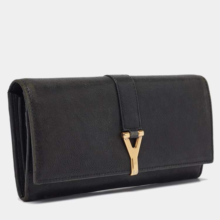 Pre Owned Yves Saint Laurent Black Leather Y line Continental Wallet