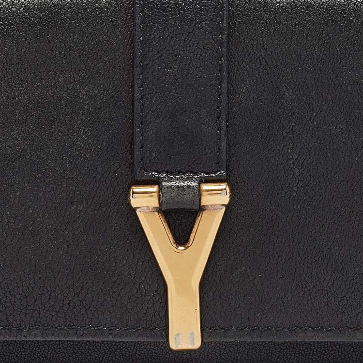 Pre Owned Yves Saint Laurent Black Leather Y line Continental Wallet