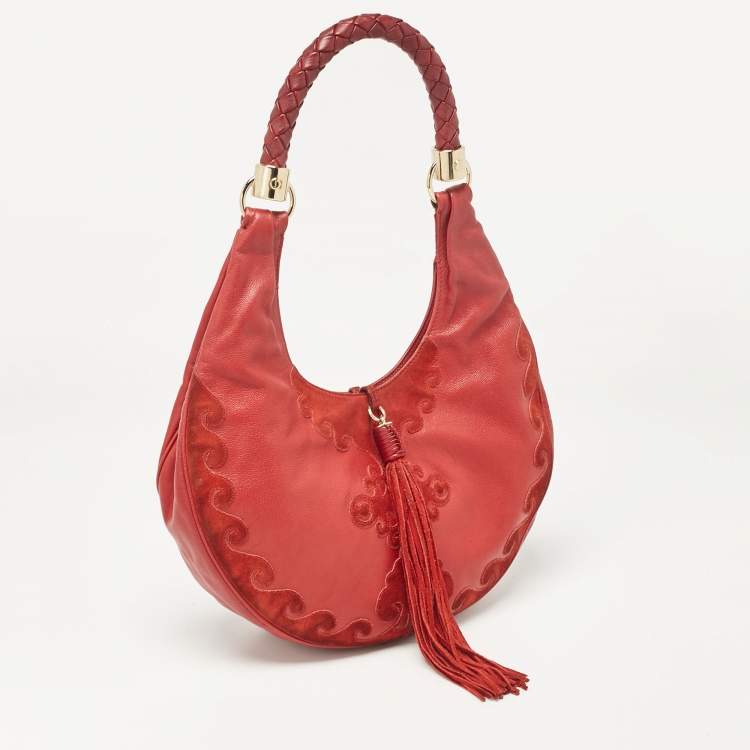 Pre Owned Yves Saint Laurent Paris Red Leather and Suede Rive Gauche Tassel Hobo