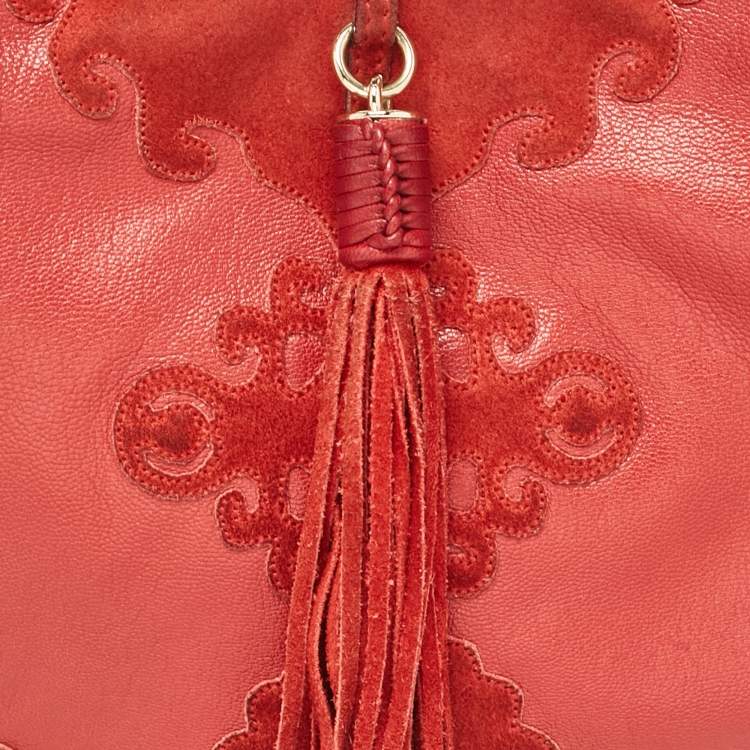 Pre Owned Yves Saint Laurent Paris Red Leather and Suede Rive Gauche Tassel Hobo