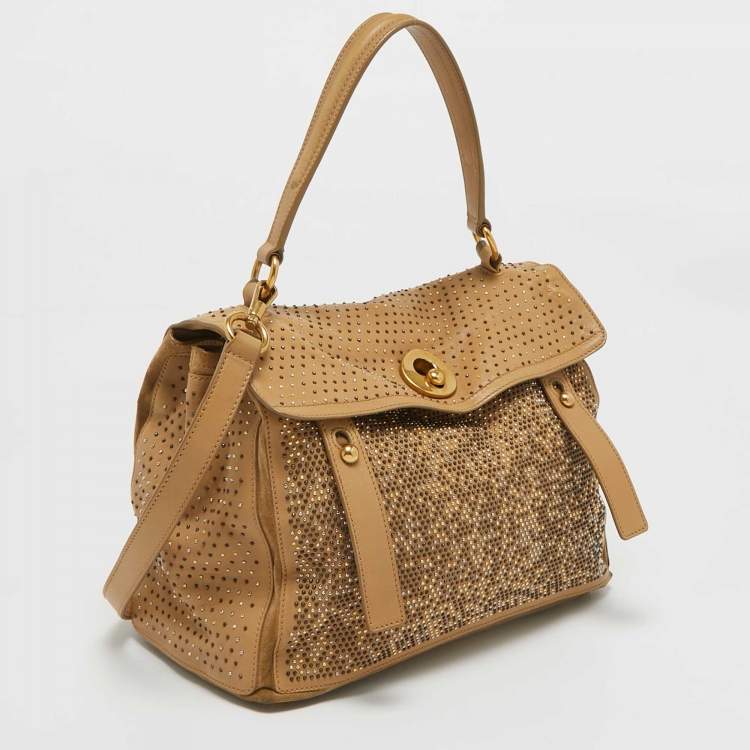Pre Owned Yves Saint Laurent Beige Leather and Suede Studded Muse Two Satchel
