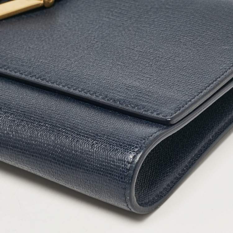 Pre Owned Yves Saint Laurent Navy Blue Leather Ligne Y Clutch