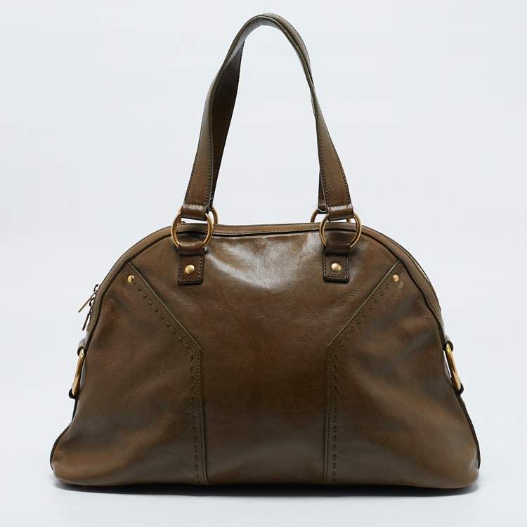Pre Owned Yves Saint Laurent Olive Green Leather Large Muse Bag