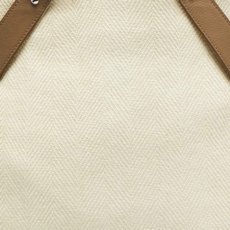 Pre Owned Yves Saint Laurent Cream/Taupe Grey Leather and Raffia Snap Tote