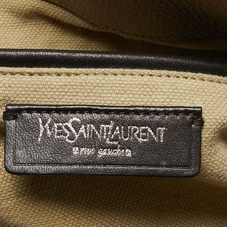 Pre Owned Yves Saint Laurent Cream/Taupe Grey Leather and Raffia Snap Tote