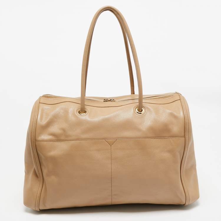 Pre Owned Yves Saint Laurent Beige/Red Leather Lucky Chyc Bowler Bag