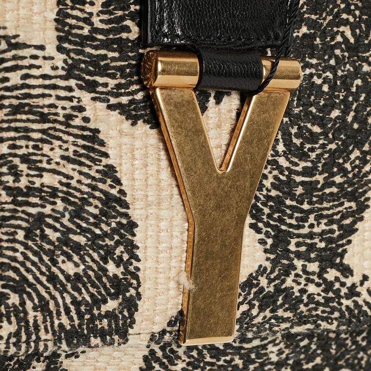 Pre Owned Yves Saint Laurent Black/Beige Printed Canvas and Leather Y-Ligne Clutch
