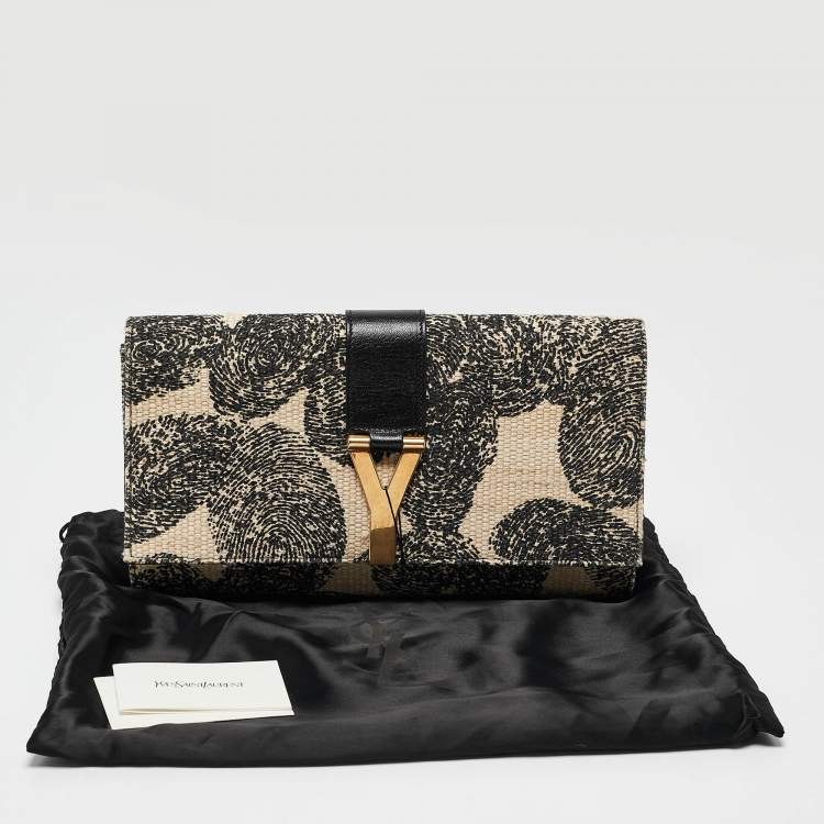 Pre Owned Yves Saint Laurent Black/Beige Printed Canvas and Leather Y-Ligne Clutch