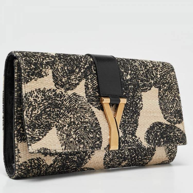 Pre Owned Yves Saint Laurent Black/Beige Printed Canvas and Leather Y-Ligne Clutch