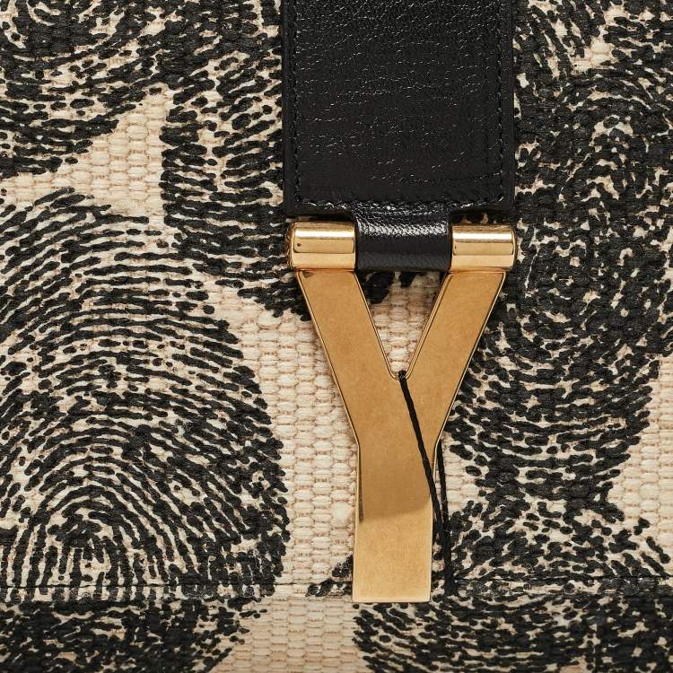 Pre Owned Yves Saint Laurent Black/Beige Printed Canvas and Leather Y-Ligne Clutch