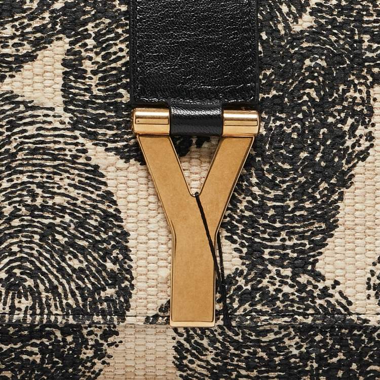 Pre Owned Yves Saint Laurent Black/Beige Printed Canvas and Leather Y-Ligne Clutch